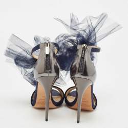 Jimmy Choo Navy Blue/Grey Velvet and Leather Lilyth Bow Ankle Strap Sandals Size 37.5