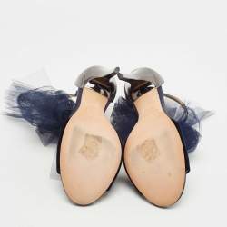 Jimmy Choo Navy Blue/Grey Velvet and Leather Lilyth Bow Ankle Strap Sandals Size 37.5