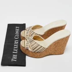 Pre Owned Jimmy Choo Cream/Grey Leather and Mesh Pandora Wedge Sandals Size 35.5