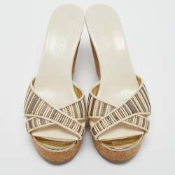 Pre Owned Jimmy Choo Cream/Grey Leather and Mesh Pandora Wedge Sandals Size 35.5