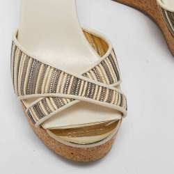 Pre Owned Jimmy Choo Cream/Grey Leather and Mesh Pandora Wedge Sandals Size 35.5