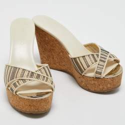Pre Owned Jimmy Choo Cream/Grey Leather and Mesh Pandora Wedge Sandals Size 35.5
