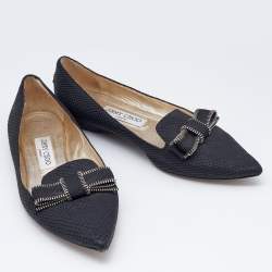 Pre Owned Jimmy Choo Black Snakeskin Embossed Leather Bow Ballet Flats Size 38