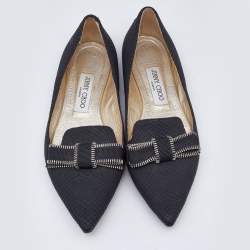 Pre Owned Jimmy Choo Black Snakeskin Embossed Leather Bow Ballet Flats Size 38
