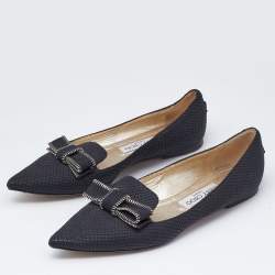 Pre Owned Jimmy Choo Black Snakeskin Embossed Leather Bow Ballet Flats Size 38