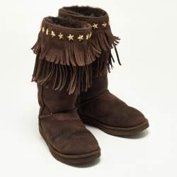 Pre Owned Jimmy Choo x Uggs Brown Studded Suede Fringe Snow Boots Size 38