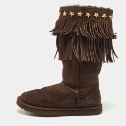 Pre Owned Jimmy Choo x Uggs Brown Studded Suede Fringe Snow Boots Size 38
