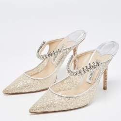 Pre Owned Jimmy Choo Metallic Glitter Mesh and Leather Bing Crystal Embellished Mules Size 39