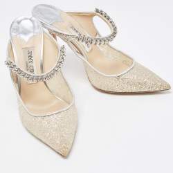 Pre Owned Jimmy Choo Metallic Glitter Mesh and Leather Bing Crystal Embellished Mules Size 39