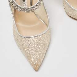 Pre Owned Jimmy Choo Metallic Glitter Mesh and Leather Bing Crystal Embellished Mules Size 39