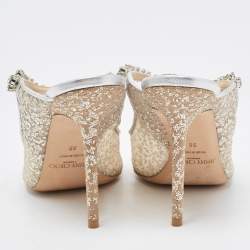 Pre Owned Jimmy Choo Metallic Glitter Mesh and Leather Bing Crystal Embellished Mules Size 39