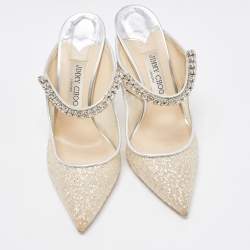 Pre Owned Jimmy Choo Metallic Glitter Mesh and Leather Bing Crystal Embellished Mules Size 39