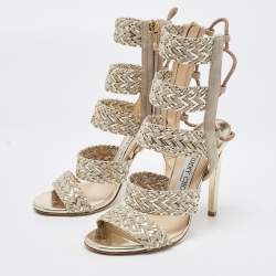 Pre Owned Jimmy Choo Grey/Gold Braided Leather and Suede  Lima Gladiator Sandals Size 36