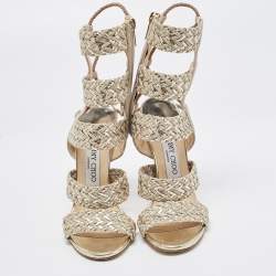 Pre Owned Jimmy Choo Grey/Gold Braided Leather and Suede  Lima Gladiator Sandals Size 36
