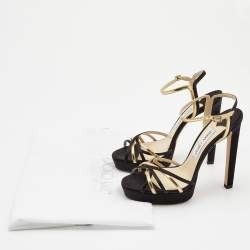 Pre Owned Jimmy Choo Black/Gold Leather and Satin Ankle Strap Platform Sandals Size 39