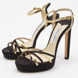 Pre Owned Jimmy Choo Black/Gold Leather and Satin Ankle Strap Platform Sandals Size 39
