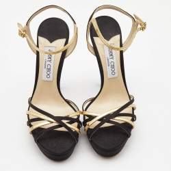 Pre Owned Jimmy Choo Black/Gold Leather and Satin Ankle Strap Platform Sandals Size 39
