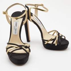 Pre Owned Jimmy Choo Black/Gold Leather and Satin Ankle Strap Platform Sandals Size 39