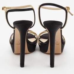 Pre Owned Jimmy Choo Black/Gold Leather and Satin Ankle Strap Platform Sandals Size 39