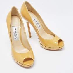Pre Owned Jimmy Choo Yellow Patent Leather Quiet Peep Toe Pumps Size 37