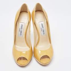 Pre Owned Jimmy Choo Yellow Patent Leather Quiet Peep Toe Pumps Size 37