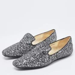 Pre Owned Jimmy Choo Black/Silver Coarse Glitter Wheel Smoking Slippers Size 39.5