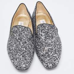 Pre Owned Jimmy Choo Black/Silver Coarse Glitter Wheel Smoking Slippers Size 39.5