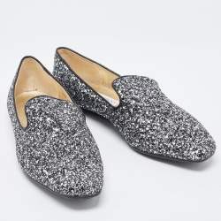 Pre Owned Jimmy Choo Black/Silver Coarse Glitter Wheel Smoking Slippers Size 39.5