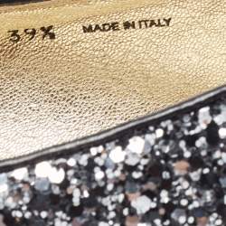 Pre Owned Jimmy Choo Black/Silver Coarse Glitter Wheel Smoking Slippers Size 39.5