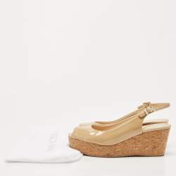 Pre Owned Jimmy Choo Beige Patent Leather Cork Wedge Sandals Size 40.5