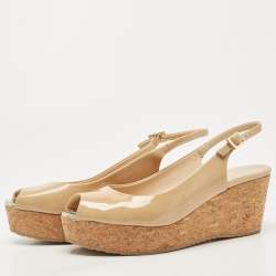 Pre Owned Jimmy Choo Beige Patent Leather Cork Wedge Sandals Size 40.5