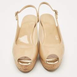 Pre Owned Jimmy Choo Beige Patent Leather Cork Wedge Sandals Size 40.5