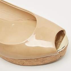 Pre Owned Jimmy Choo Beige Patent Leather Cork Wedge Sandals Size 40.5