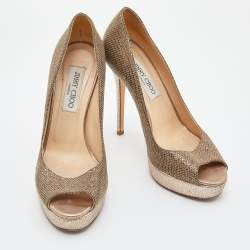 Jimmy Choo Gold Glitter Lamè Fabric Dahlia Platform Peep Toe Pumps Size 37.5