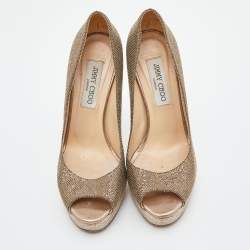 Jimmy Choo Gold Glitter Lamè Fabric Dahlia Platform Peep Toe Pumps Size 37.5