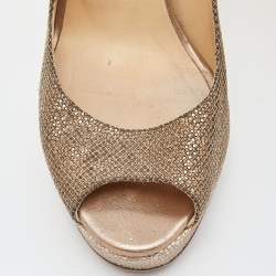 Jimmy Choo Gold Glitter Lamè Fabric Dahlia Platform Peep Toe Pumps Size 37.5