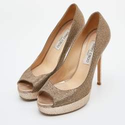 Jimmy Choo Gold Glitter Lamè Fabric Dahlia Platform Peep Toe Pumps Size 37.5