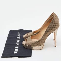 Jimmy Choo Gold Glitter Lamè Fabric Dahlia Platform Peep Toe Pumps Size 37.5