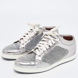 Pre Owned Jimmy Choo Silver Leather and Lurex Fabric Miami Sneakers Size 38.5