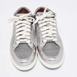Pre Owned Jimmy Choo Silver Leather and Lurex Fabric Miami Sneakers Size 38.5