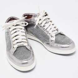 Pre Owned Jimmy Choo Silver Leather and Lurex Fabric Miami Sneakers Size 38.5