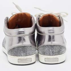 Pre Owned Jimmy Choo Silver Leather and Lurex Fabric Miami Sneakers Size 38.5