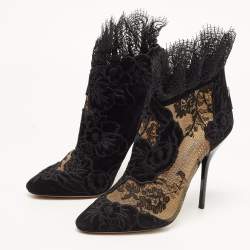 Pre Owned Jimmy Choo Black Lace and Floral Embroidered Suede Kamaris Ankle Booties Size 37
