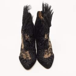 Pre Owned Jimmy Choo Black Lace and Floral Embroidered Suede Kamaris Ankle Booties Size 37