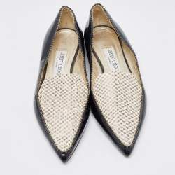 Jimmy Choo Black/Beige Leather and Embossed Python Pointed Toe Smoking Slippers Size 36.5