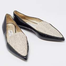 Jimmy Choo Black/Beige Leather and Embossed Python Pointed Toe Smoking Slippers Size 36.5