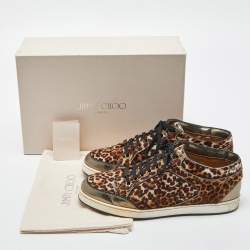 Jimmy Choo Brown/Metallic Leopard Print Calfhair and Mirrored Leather Miami Low Top Sneakers Size 38.5