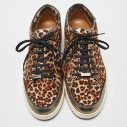 Jimmy Choo Brown/Metallic Leopard Print Calfhair and Mirrored Leather Miami Low Top Sneakers Size 38.5