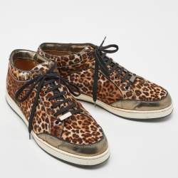 Jimmy Choo Brown/Metallic Leopard Print Calfhair and Mirrored Leather Miami Low Top Sneakers Size 38.5