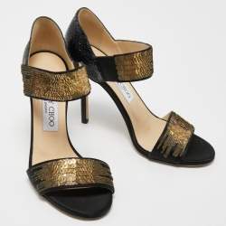 مملوكة مسبقًا Jimmy Choo Black Snakeskin and Satin Ankle Strap Sandals Size 36.5